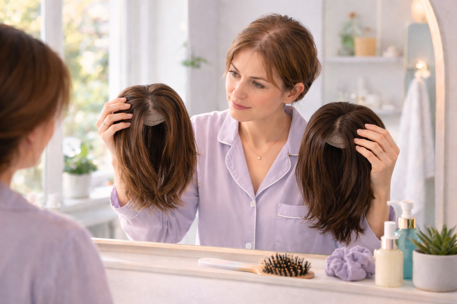 Beginner comparing hair topper options for crown thinning