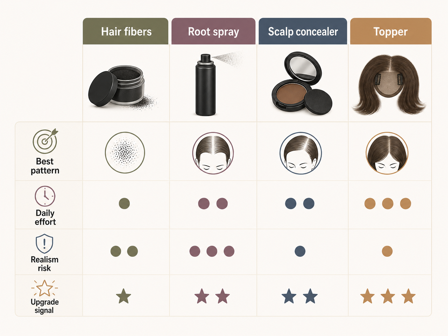 Decision matrix comparing hair fibers root spray scalp concealer and toppers