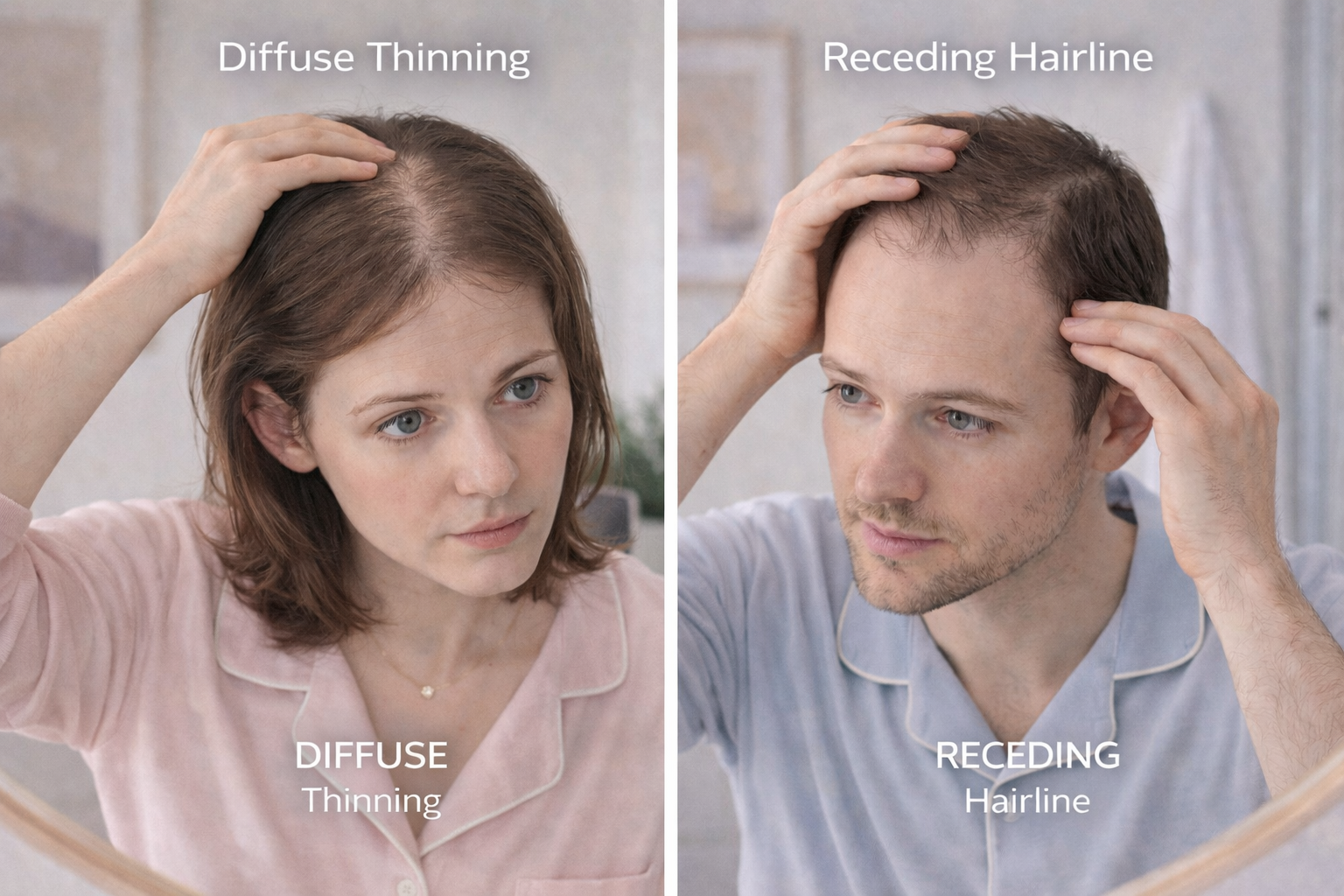 Split-view comparison of diffuse thinning and receding hairline patterns in mirror