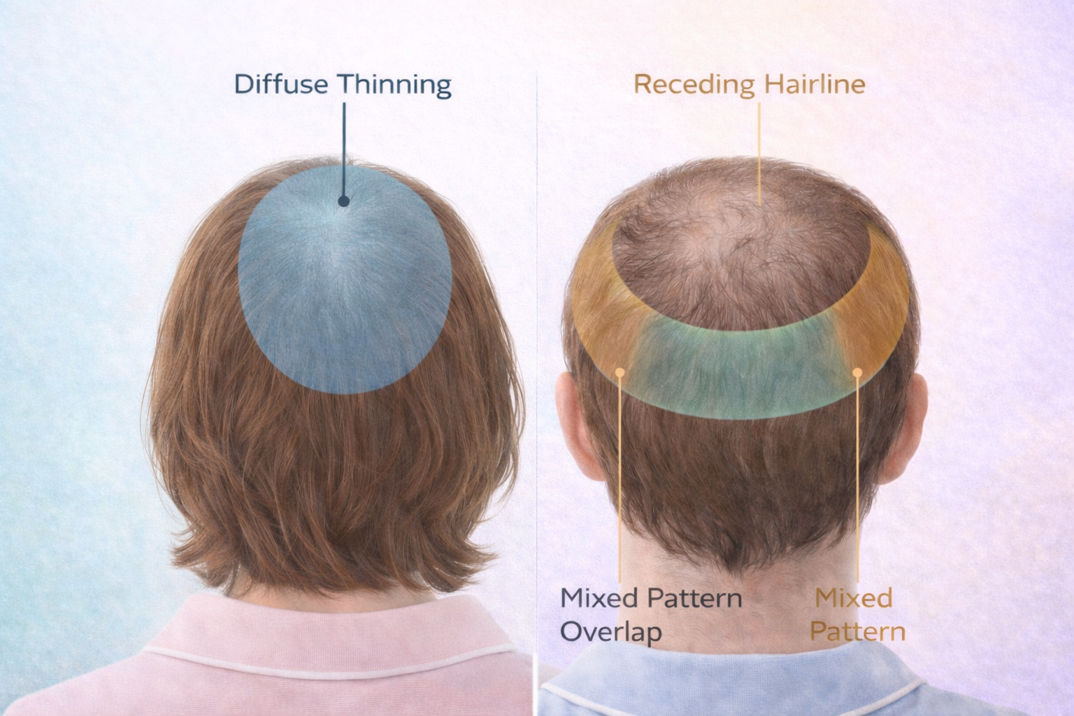 Diagram highlighting diffuse thinning zones versus receding hairline zones