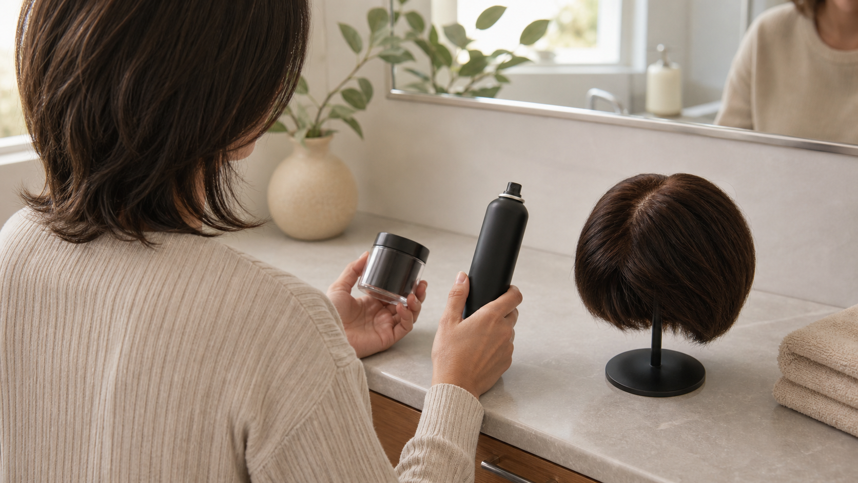 Person comparing hair fibers root spray and a topper for thinning hair coverage