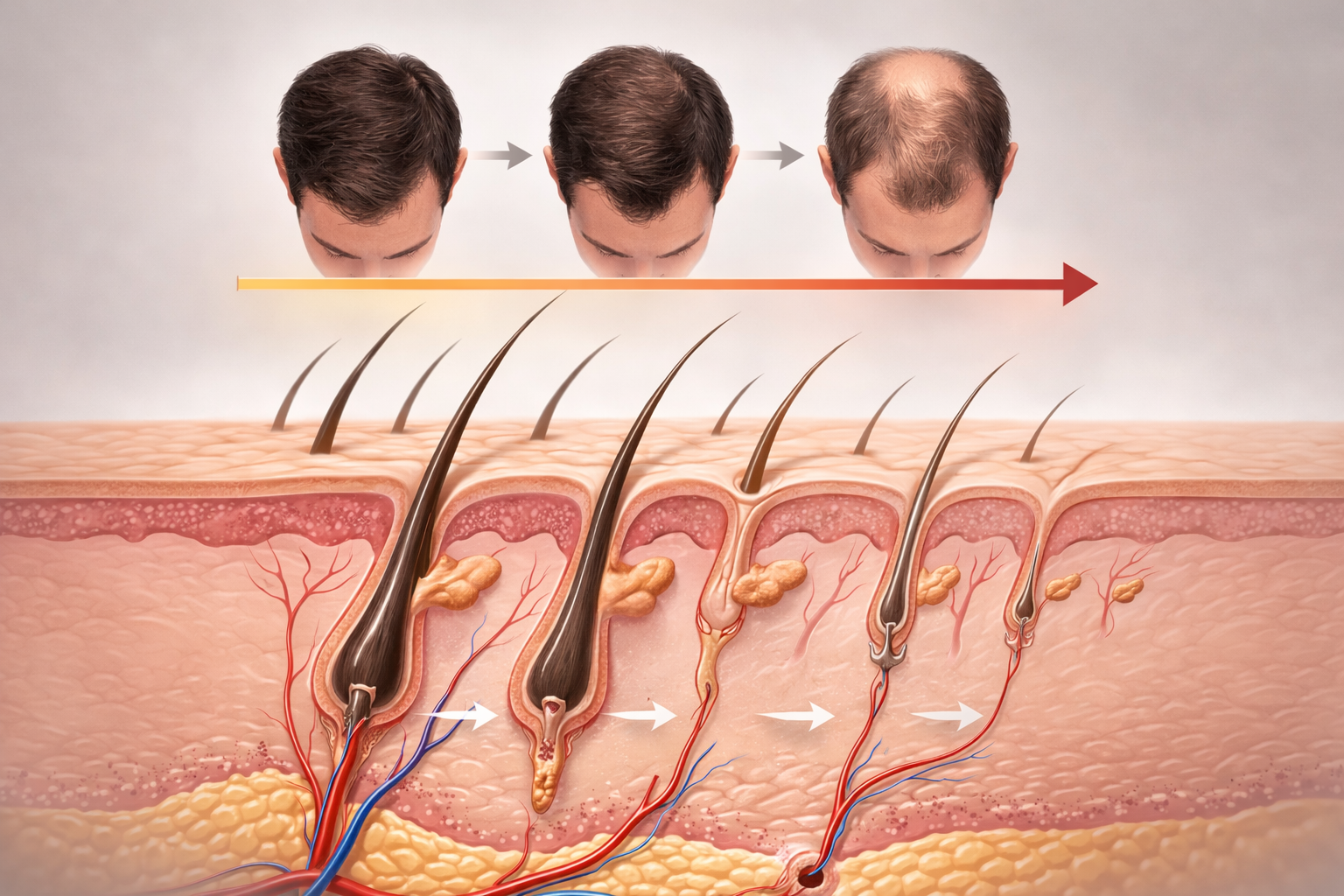 Simple visual comparing healthy follicle growth to miniaturized thinning follicles