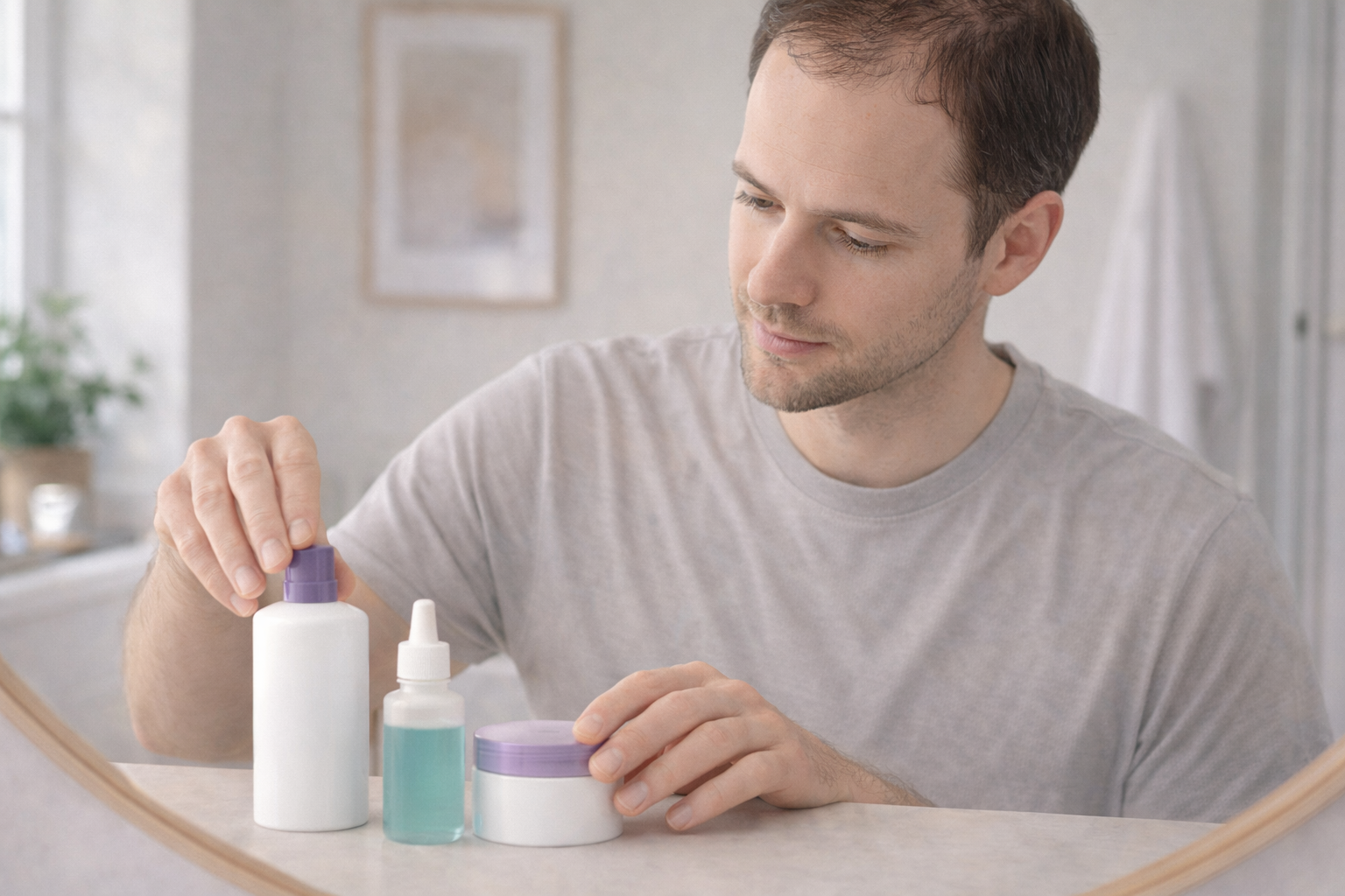 Man organizing a simple thinning-hair starter kit with shampoo scalp care and styling items