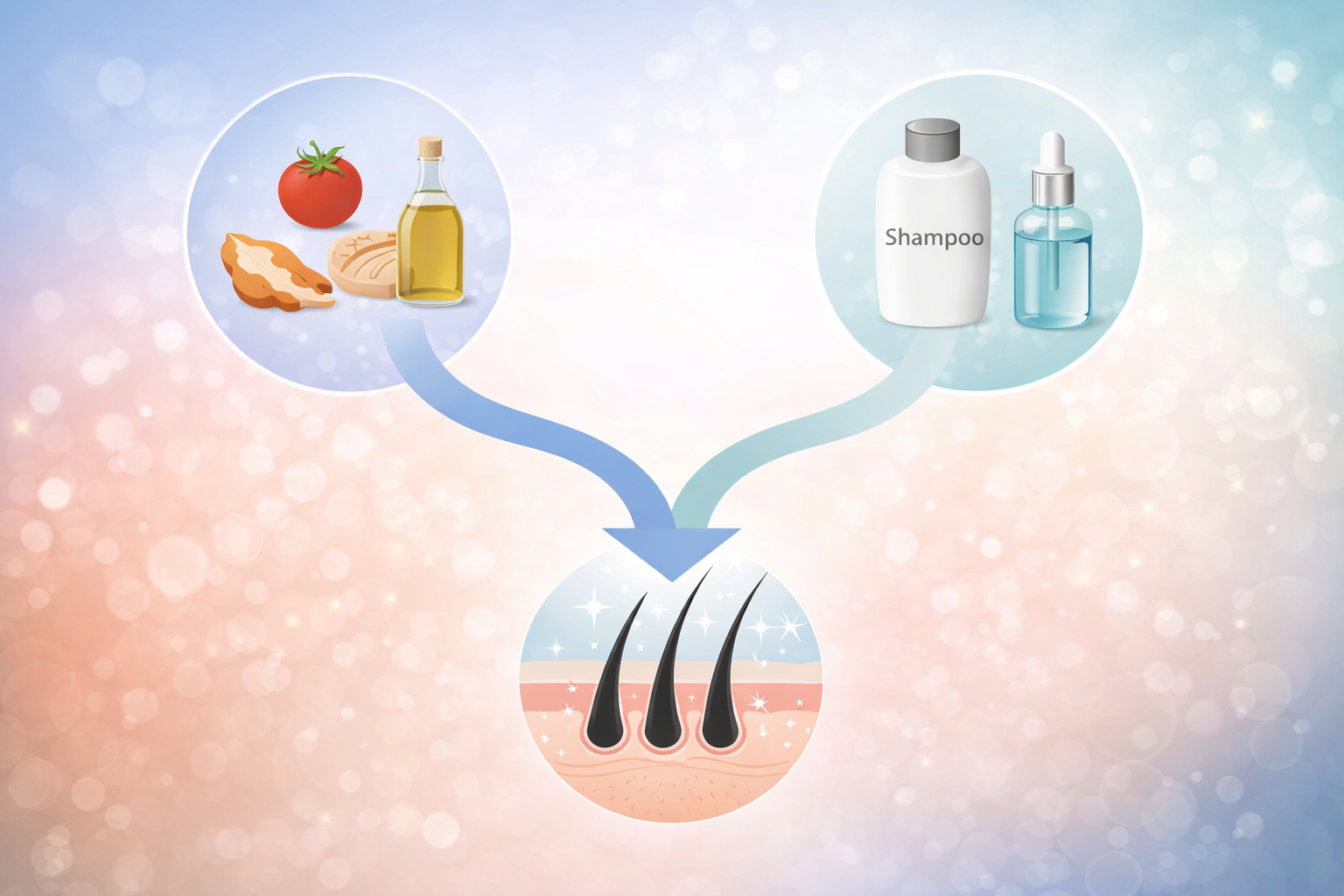 Two-pathway visual showing how nutrition and topical care work together for hair support