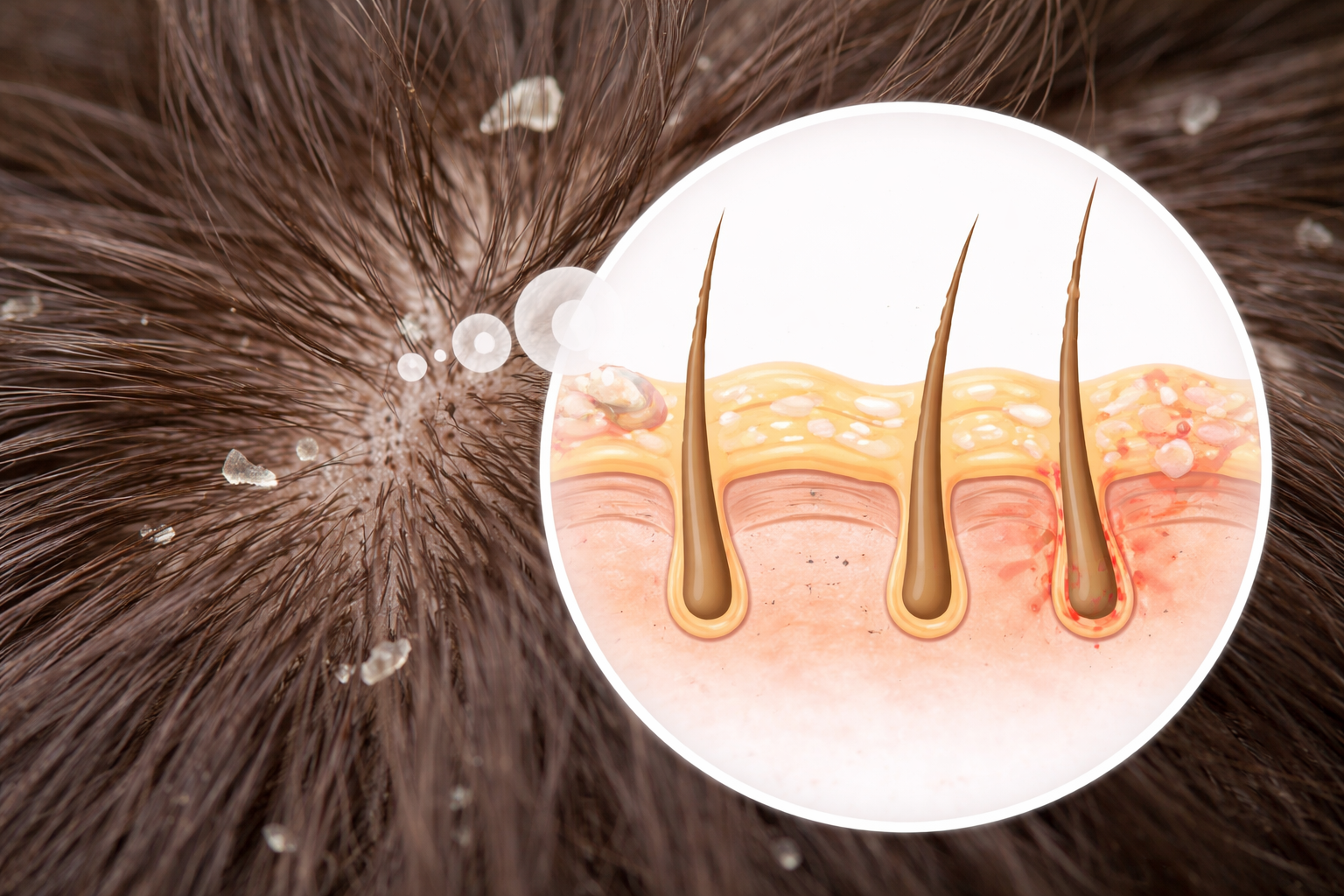 Diagram-style visual of scalp buildup factors around hair follicles