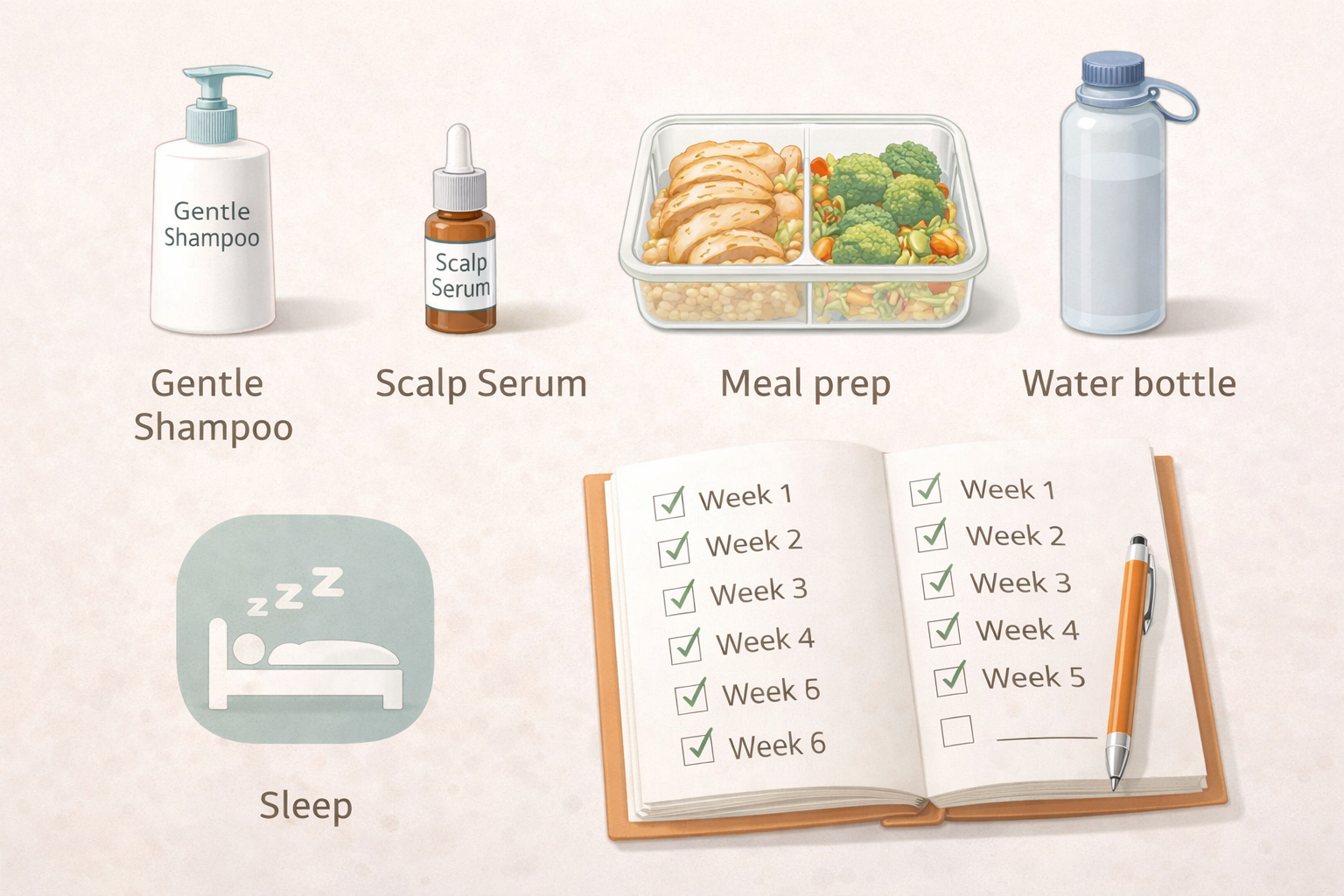 Eight-week routine visual combining scalp care, nutrition, and stress recovery habits