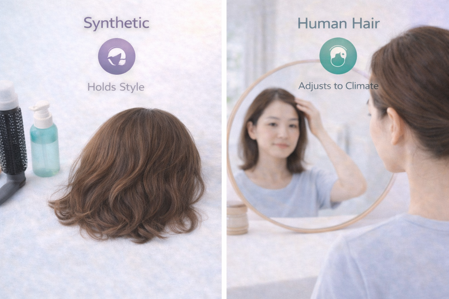 Two wig options side by side comparing synthetic and human hair for daily wear