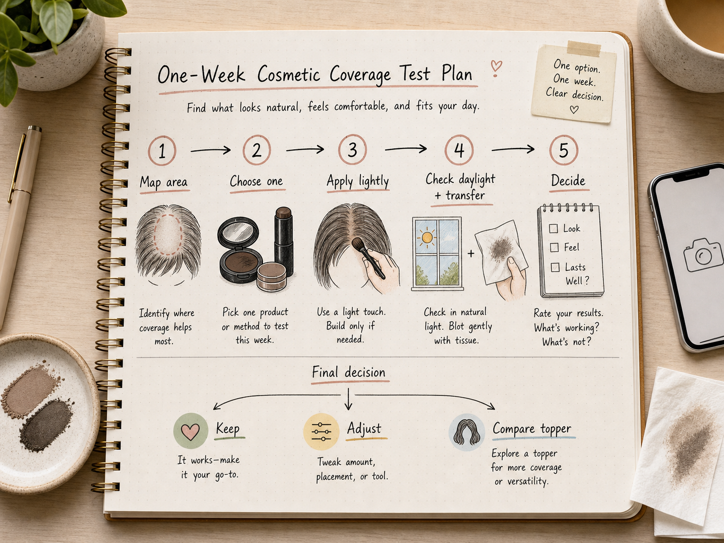 One-week cosmetic coverage test plan for thinning hair options