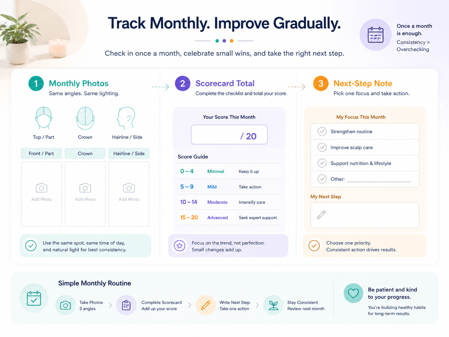 Monthly thinning-stage tracking template with photos score and next-step notes