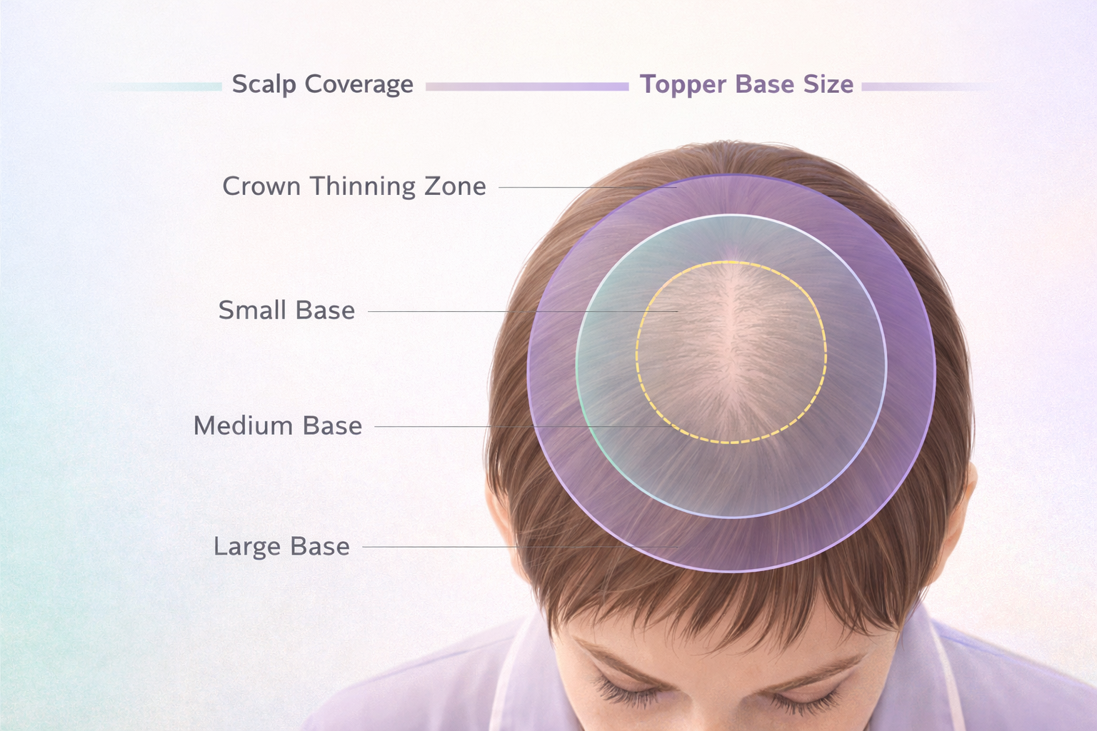 Scalp coverage map showing crown thinning zones and topper base size planning