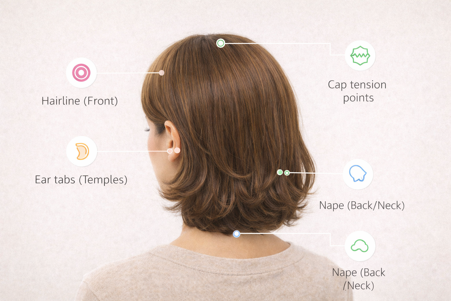 Diagram-style visual of key wig fit zones for comfort and realism