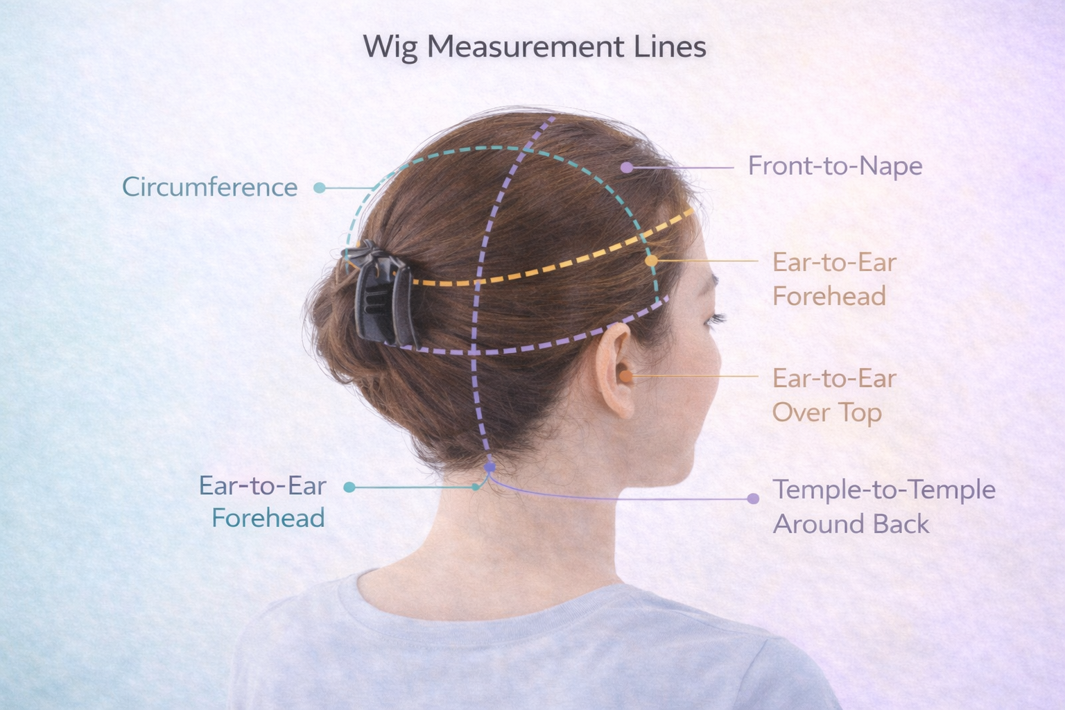 Wig measurement diagram showing five core head dimensions