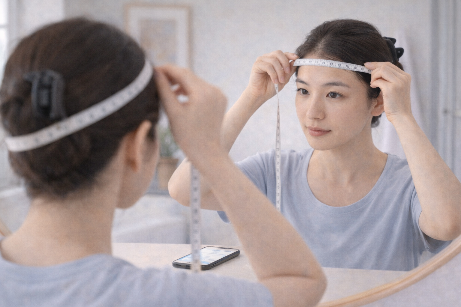 Beginner using soft measuring tape to check wig and topper fit points in mirror
