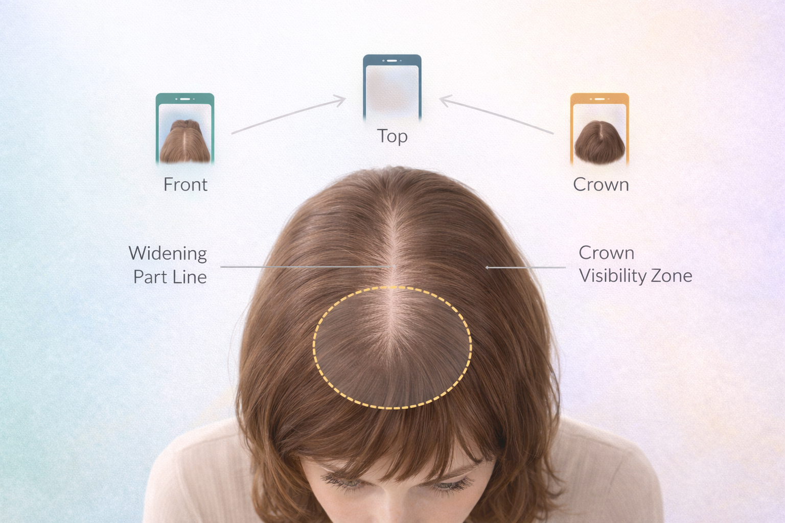 Diagram of early crown thinning signs and photo tracking angles for women